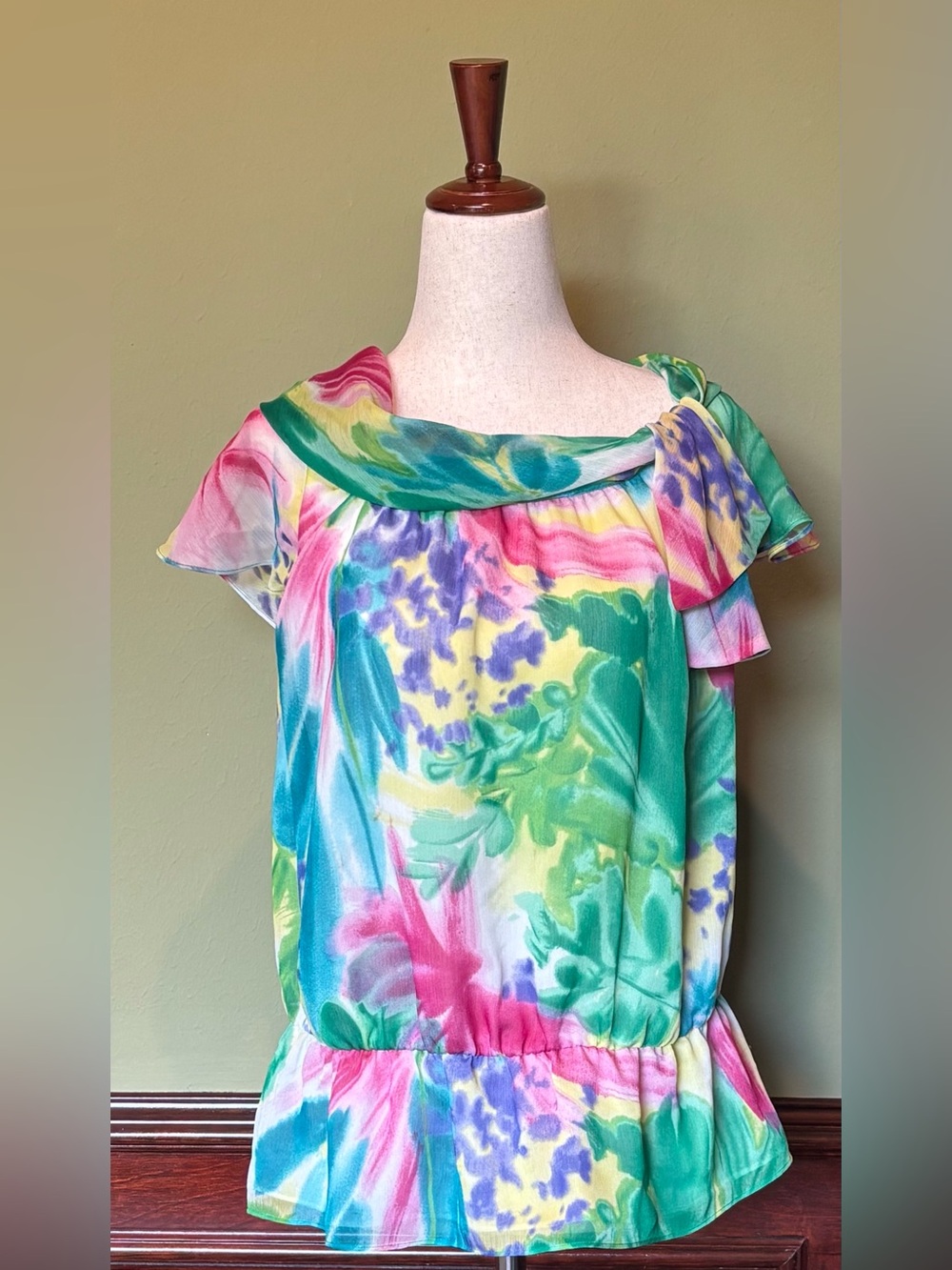 Nine West Multicolor Floral Off-Shoulder Blouse - Green Pink Yellow Blue